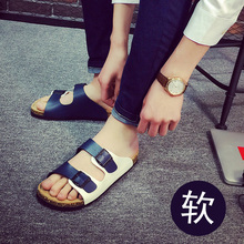 夏季防滑一字拖情侣软木拖鞋 男女拼色凉拖沙滩鞋 拖鞋 果洛菲男士