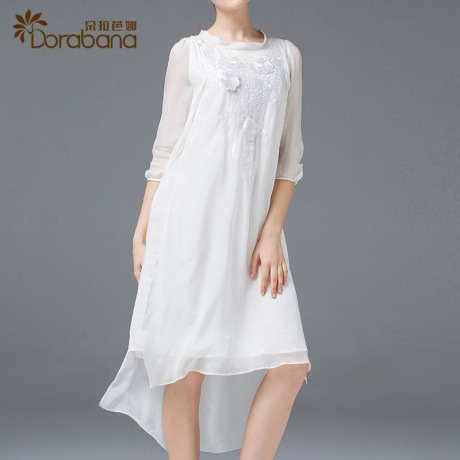 真丝连衣裙中长款2017女夏朵拉芭娜修身显瘦高档绣花优雅裙女潮商品大图