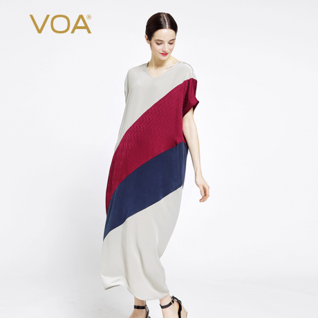 VOA 大V领撞色斜裁宽松真丝袍子 短袖休闲舒服丝绸连衣裙A7021商品大图