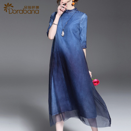 欧根纱连衣裙女夏2017新款朵拉芭娜时尚名媛立领中袖真丝刺绣长裙商品大图