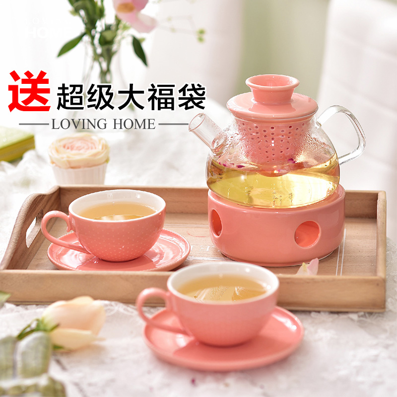 欧式田园水果花茶壶整套装耐热陶瓷泡茶具玻璃加热水果过滤蜡烛壶
