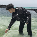 韩版时尚长袖衬衣男士印花宽松衬衫学生潮流个性上衣秋季薄款男装