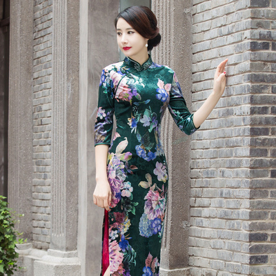 2016秋冬新款日常复古金丝绒旗袍中长袖中长