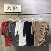 T恤女 纯色褶皱修身 收腰小衫 熙气质V领交叉显瘦上衣韩版 天天特价