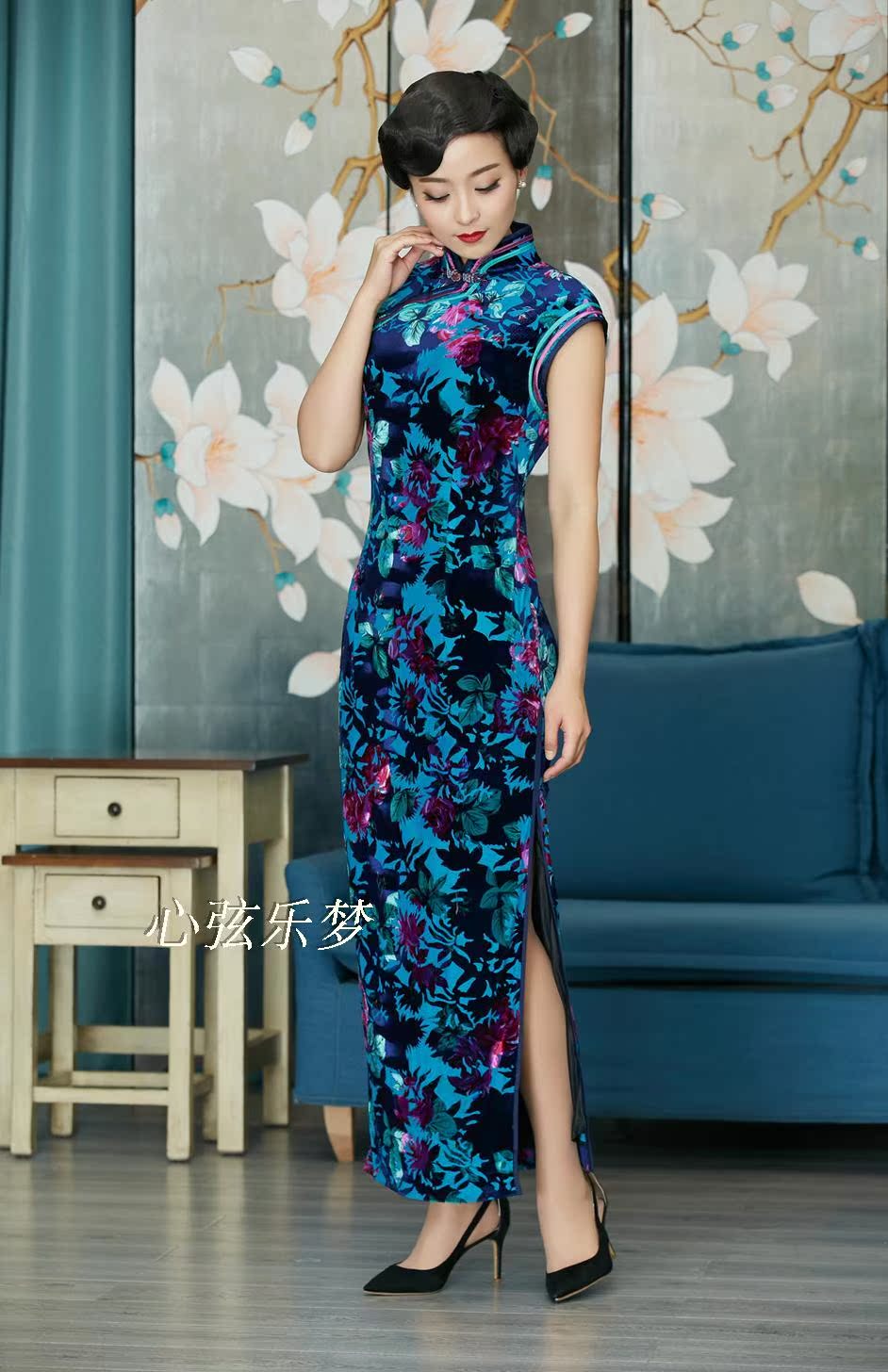 专柜正品梦至超2016新款春夏装m16y283时尚修身长款无袖丝绒旗袍