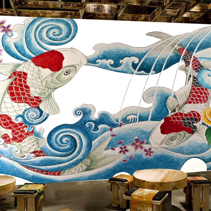 鱼餐厅墙纸大型壁画定制 鱼馆饭店装修壁纸 鲤鱼图案墙画定做