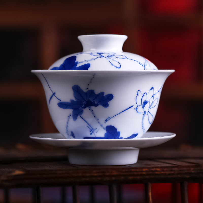 长物居景德镇青花瓷器手绘茶具品茗绿茶盖碗三才杯陶瓷茶碗大特价