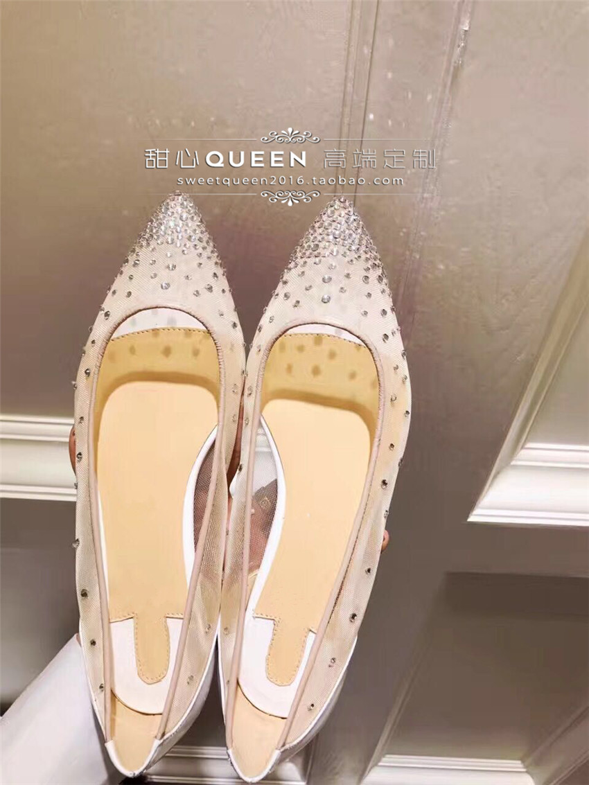 查看淘宝甜心queen 高跟鞋女水钻网纱真皮尖头细跟浅口平底晚宴性感单