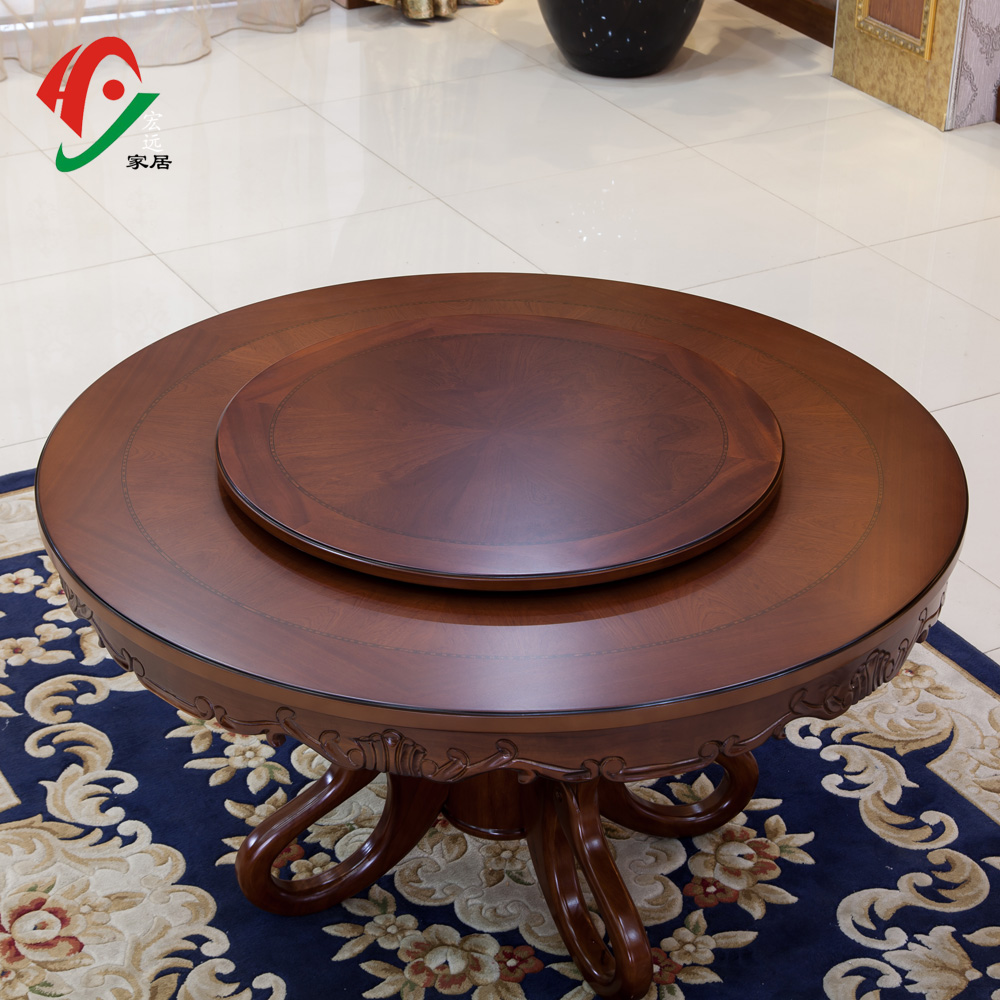 高档欧式实木餐桌椅组合橡木圆餐桌 带转盘圆桌 深色美式圆形餐桌