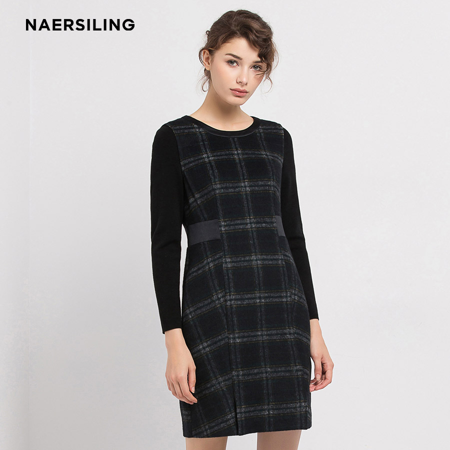 naersiling恩灵女装2017年秋冬新款中长款针织拼接服时尚连衣裙女