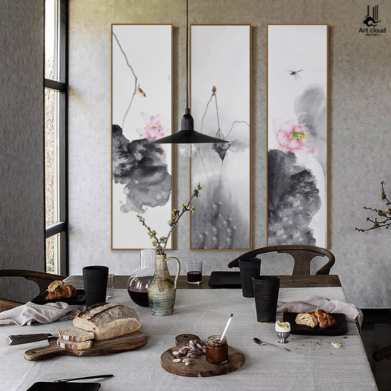 水墨荷花 新中式客厅装饰画三联竖版沙发背景墙饭店茶室玄关挂画
