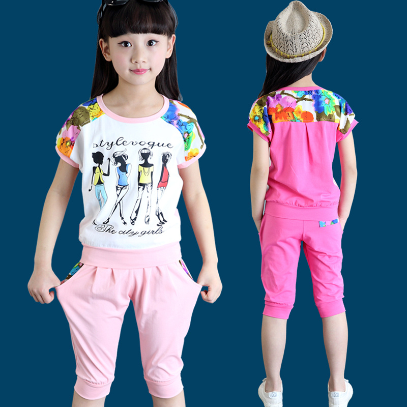 纯棉女童套装夏装2017新款儿童夏季10岁7短袖9运动11两件套13周岁