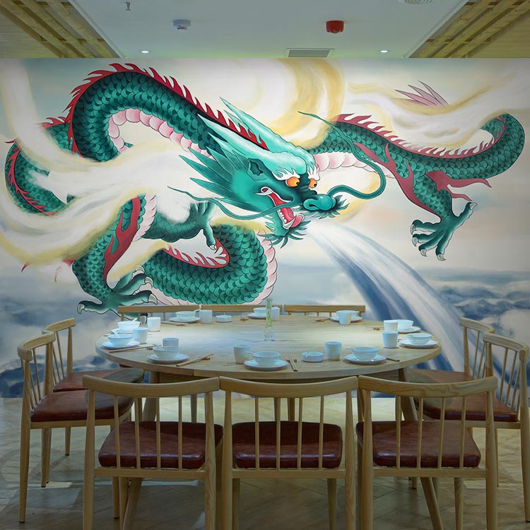 3d立体青龙手绘风水墙纸中式餐厅背景壁画客厅书房办公室文化壁纸