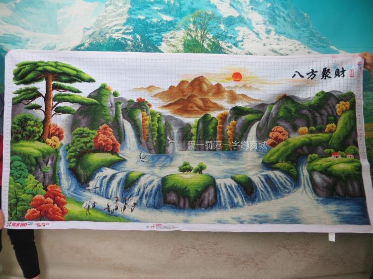 纯手工十字绣成品八方聚财 旭日东升财源滚滚长版客厅挂画2014