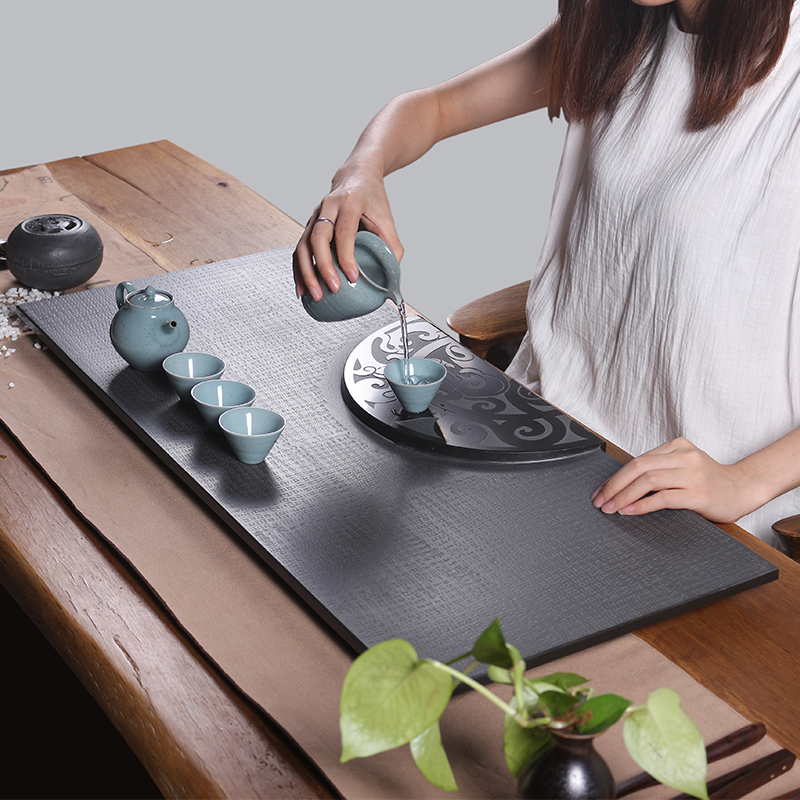 源韵家用天然石头茶盘乌金石茶台石材茶海黑金石茶盘大号功夫茶具