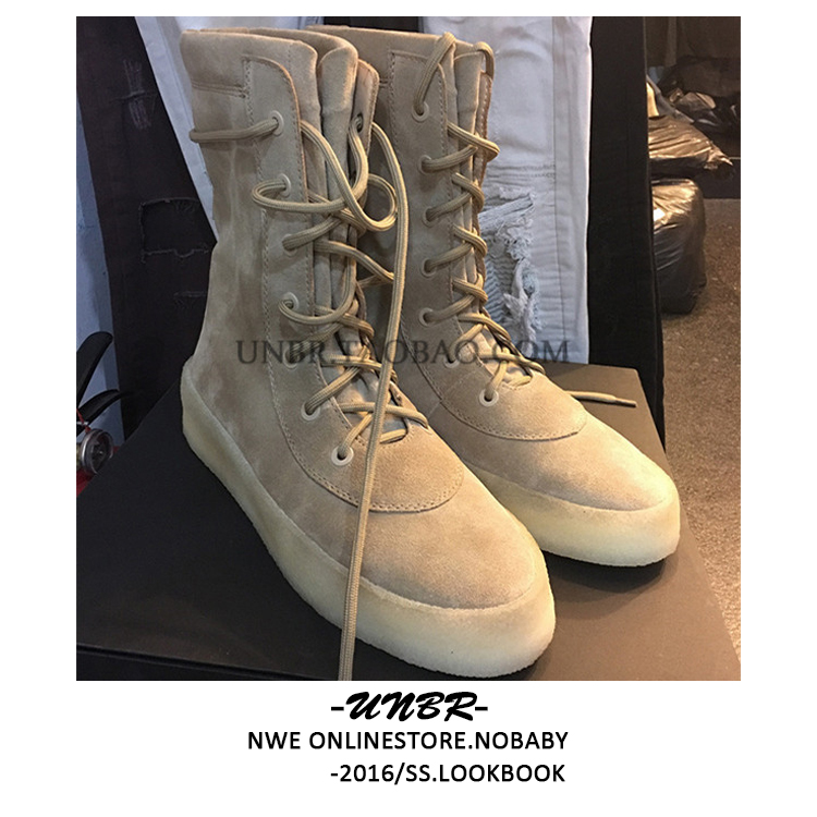 高街yeezy season 2 牛皮侃爷高筒系带高帮厚底磨砂靴子kanye上身