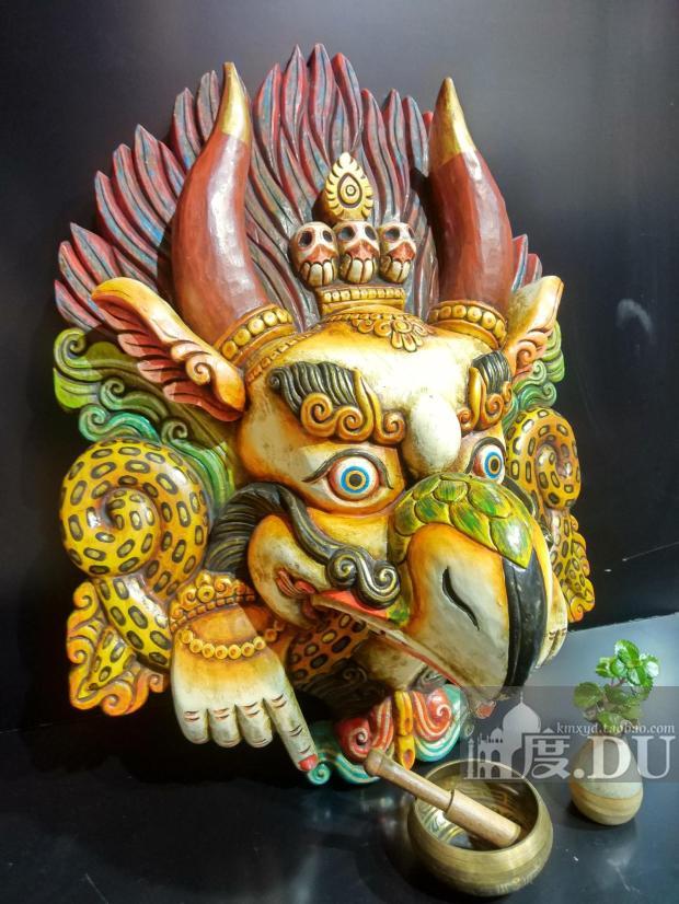尼泊尔面具大鹏金翅鸟迦楼罗手工彩绘木雕 家居挂饰 加大号 纹身