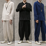 春秋新款亚麻套装宽松禅修居士服唐装汉服中式中国风男民族风套装