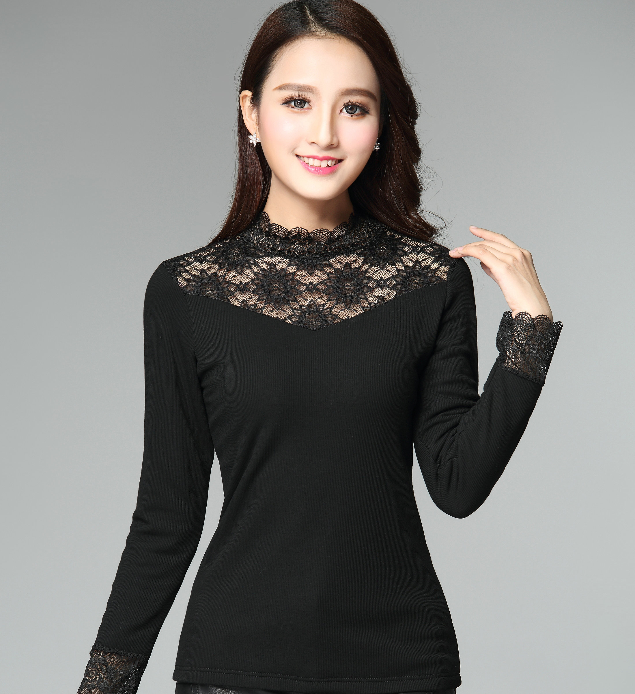 蕾丝衫女长袖2017秋冬新款女装保暖上衣服女士t恤加绒加厚打底衫