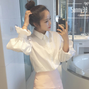 秋装女装韩版学院风减龄泡泡袖白色衬衫学生宽松百搭长袖衬衣上衣