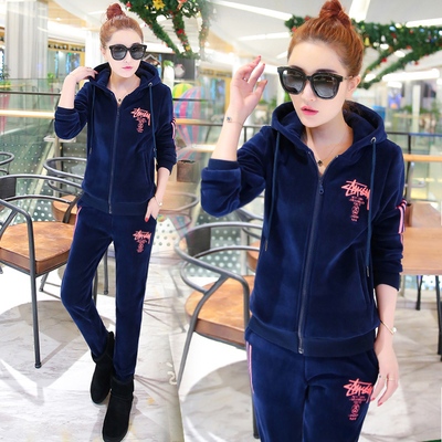 天鹅绒运动套装女冬加厚加绒2016休闲两件套