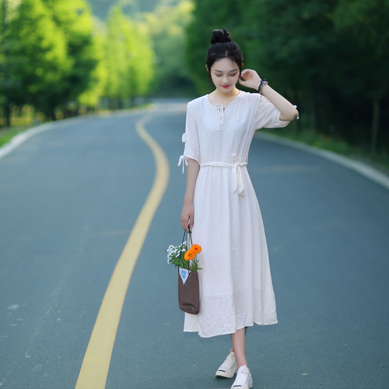 文艺复古棉麻短袖连衣裙中长款小清新宽松显瘦系带亚麻长裙2017夏