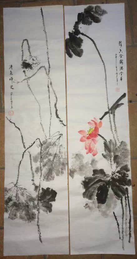 纯手绘国画莲荷花四条屏水墨写意花鸟画客厅中堂字画真迹已装裱禅