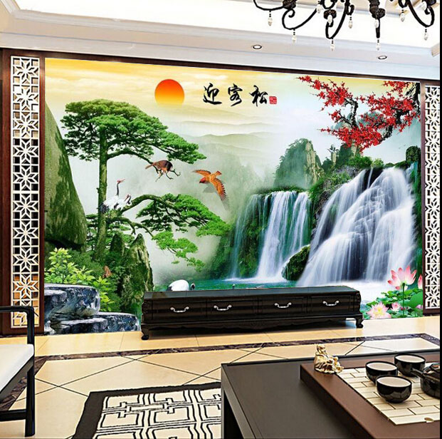 中式迎客松壁画3d立体电视背景墙布客厅沙发山水画墙纸影视墙壁纸
