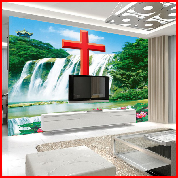 电视背景墙壁纸 大型壁画 基督教十字架墙纸 耶稣山水