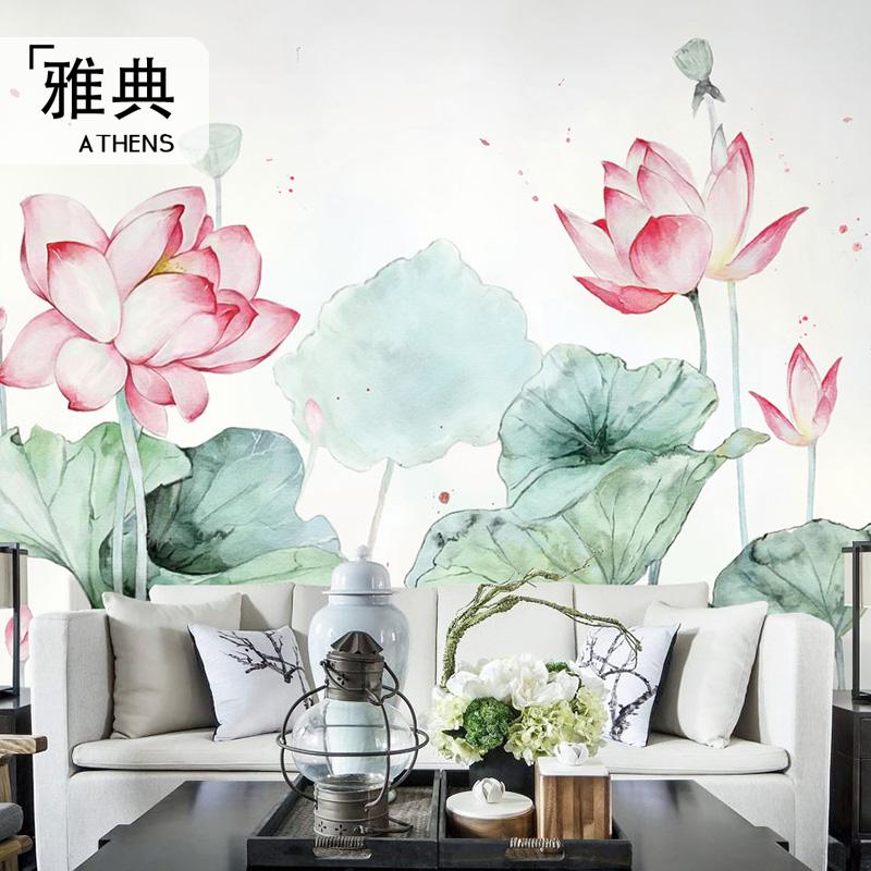 现代新中式手绘油画荷花墙纸客厅电视背景墙壁纸艺术古风定制壁画