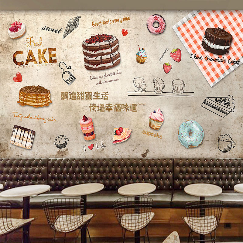 手绘蛋糕面包甜品店墙面装饰壁画烘培房工作室背景墙装修壁纸墙纸