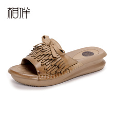凉拖 夏新真皮羊皮女杏色松糕厚底中坡跟鱼嘴民族风流苏蝴蝶结凉鞋