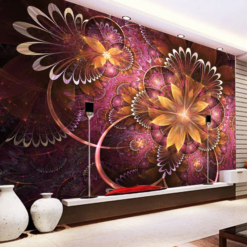 定制紫色贵气金色花开富贵欧式吊顶无缝3d墙纸壁纸壁画客厅背景墙