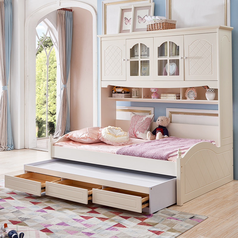 儿童床男孩衣柜床多功能组合床成人实木衣柜床一体现代简约书柜床 