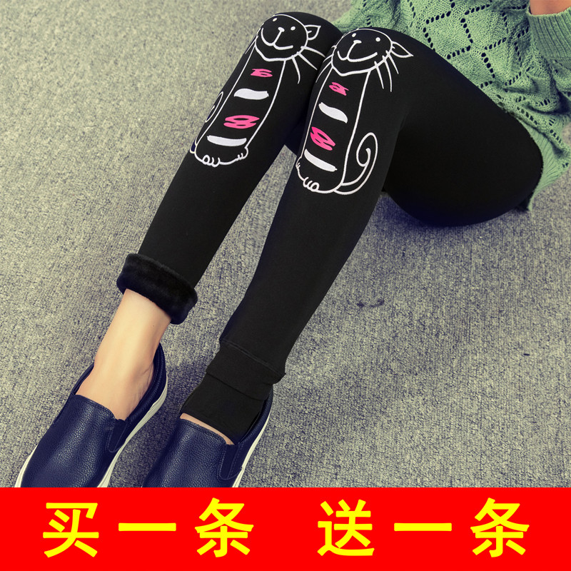 韩版秋冬季加绒加厚打底裤外穿大码可爱卡通图案踩脚保暖裤女学生 - 打底裤