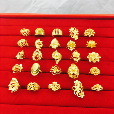 镀金越南沙金厚金硬金殴币大花桃心活口戒指女款仿黄金结婚首饰品