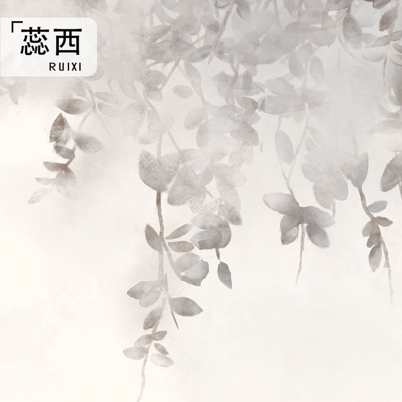蕊西手绘淡雅树叶壁纸客厅卧室电视背景墙纸素色墙布简约灰白壁画