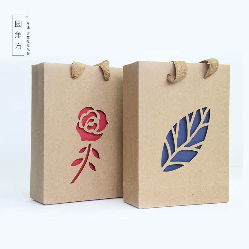 创意玫瑰花镂空复古牛皮纸袋茶叶手提袋化妆品包装袋厂家定做logo