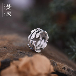 纯银原创复古游动鱼群戒指