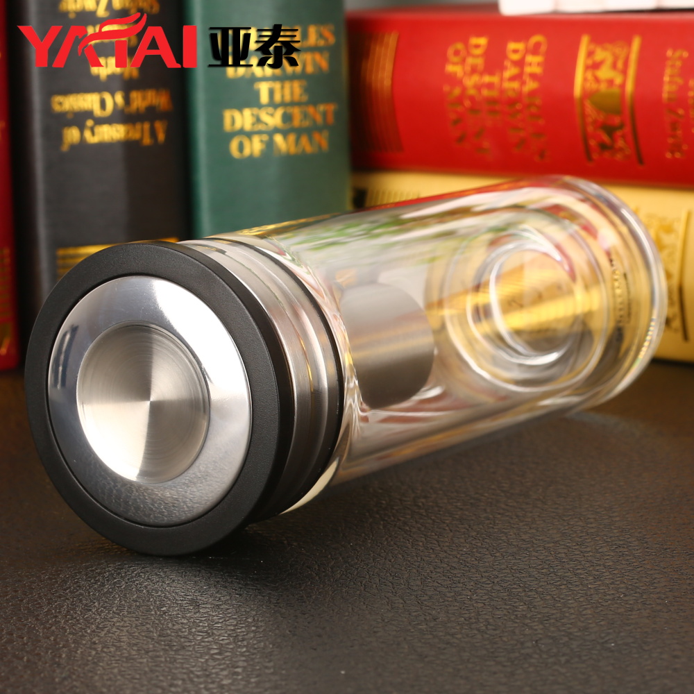 亚泰双层水晶玻璃杯加厚杯底男女士高档茶杯带盖耐热透明水杯子