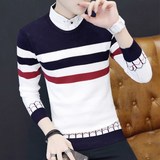 2017秋款男士圆领毛衣条纹拼接上衣服潮男长袖韩版修身针织打底衫