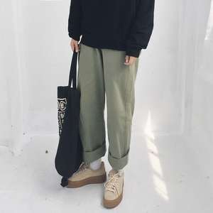 青年复古宽松军绿色直筒长裤