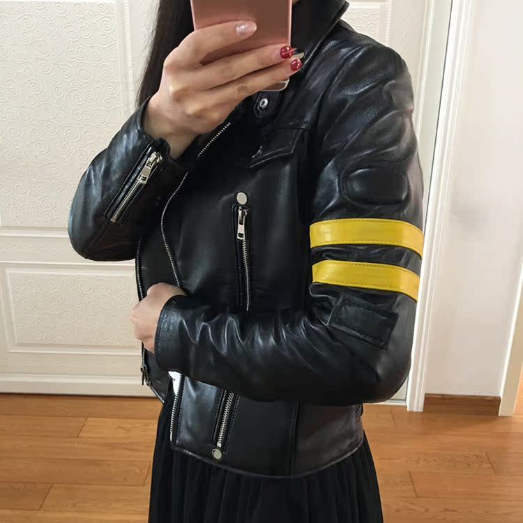 2017新款杨幂明星同款真皮绵羊皮短款修身百搭韩版皮夹克皮衣女图片