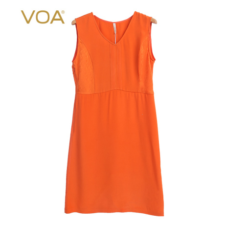 VOA 34姆米橘色重磅真丝连衣裙 无袖V领修身铅笔裙厚A0215商品大图