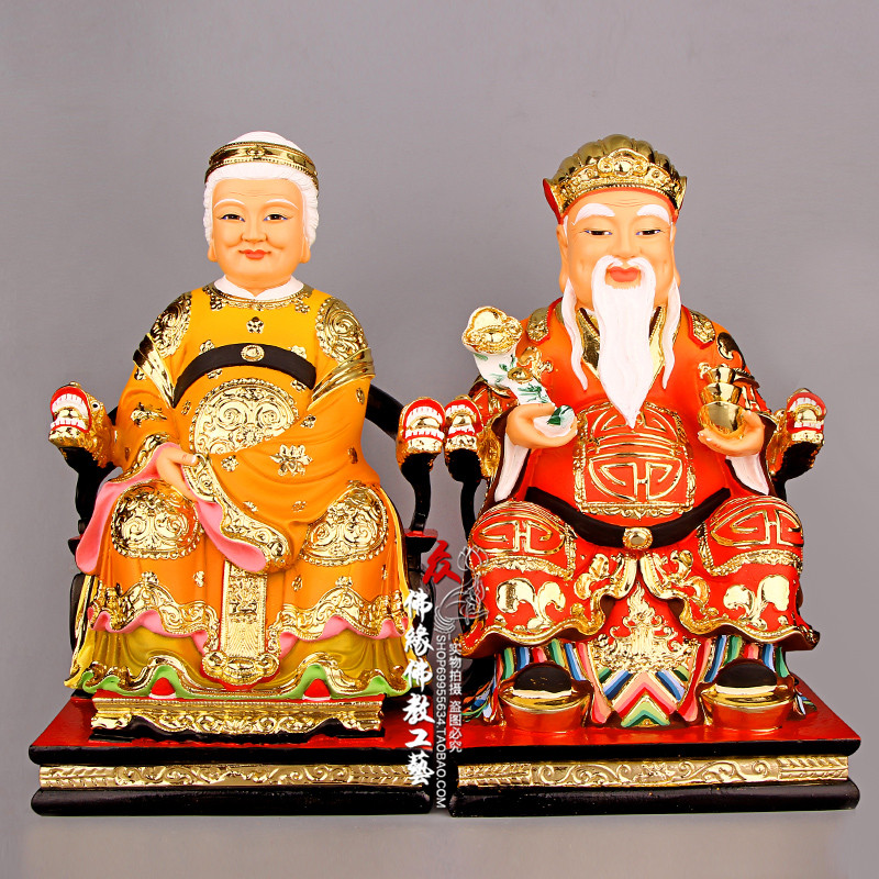 12寸红衣土地公土地婆福德正神土地爷土地奶树脂佛像土地公婆30cm