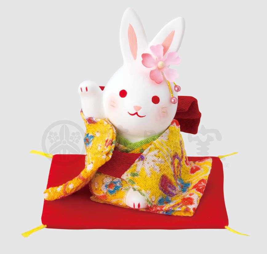 预 日本濑户烧药师窑 迷你锦彩和服 祈愿兔 招财兔子 摆件