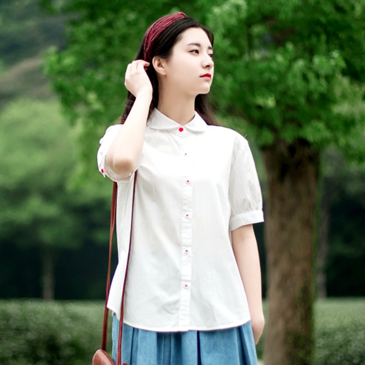 2017夏季新款纯棉娃娃领宽松森女系白色文艺短袖衬衫