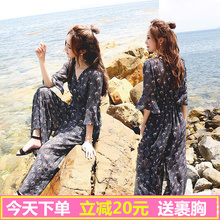 高腰雪纺阔腿裤 九分潮 女宽松显瘦V领碎花连体裤 韩版 2017夏季新款