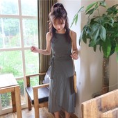 8.8Chic小清新条纹无袖背心上衣+高腰绑带开叉半身裙长裙女夏两件