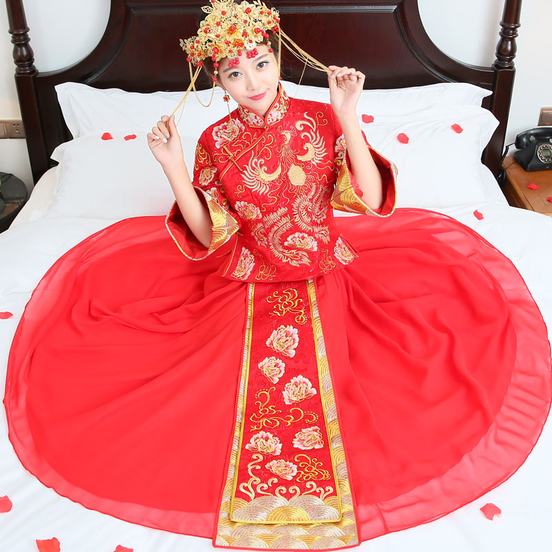秀禾服新娘结婚敬酒服 长袖龙凤褂中式婚礼嫁衣大码修身长款礼服